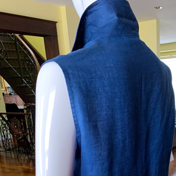 Royal Blue 100% linen button-up shirt mother-of-pearl buttons embroidered collar - Picture 7 of 16